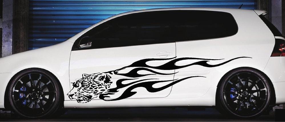 jaguar head flames vinyl decal on white car